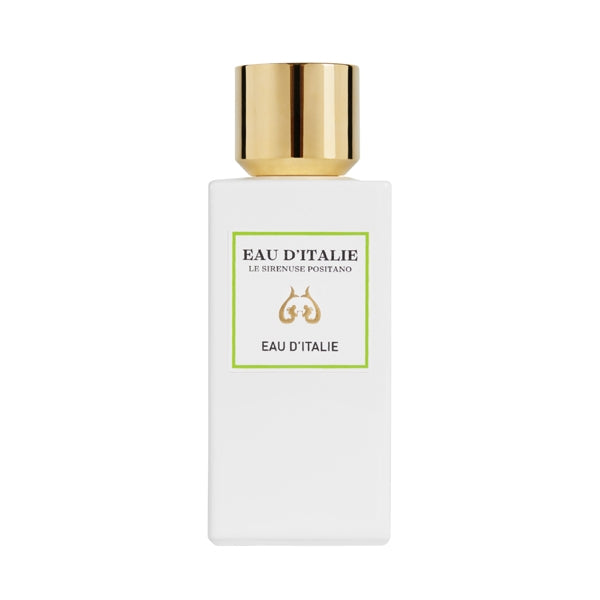 Eau d'Italie - Eau d'Italie Parfumflakon in weißem Design mit goldenem Verschluss und grünem Rahmen vor weißem Hintergrund