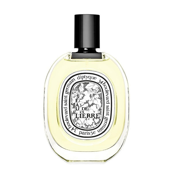 Diptyque - Eau de Lierre Parfumflakon mit transparentem hellgelbem Inhalt und schwarzem Verschluss vor weißem Hintergrund