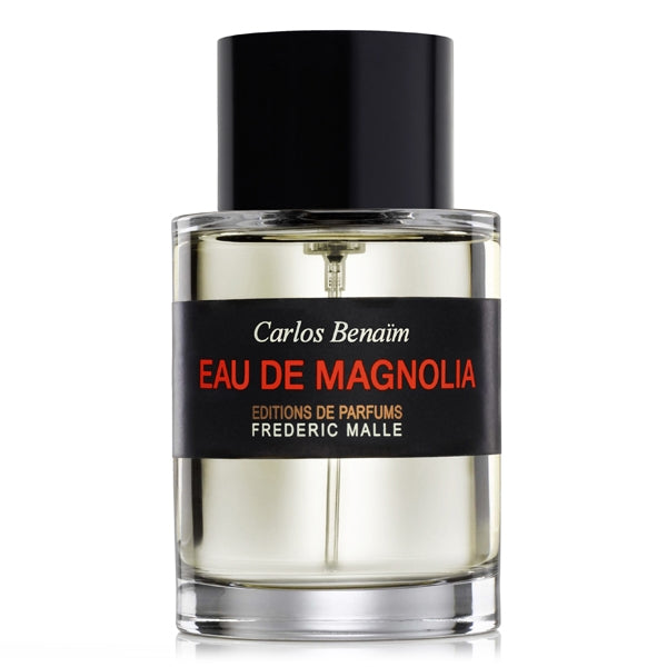 Frédéric Malle - Eau de Magnolia Parfumflakon mit schwarzem Verschluss und transparenter Flüssigkeit vor weißem Hintergrund