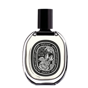 Diptyque - Eau Rose - Eau de Parfum Flakon mit schwarzem Verschluss und floraler Etikettzeichnung vor weißem Hintergrund