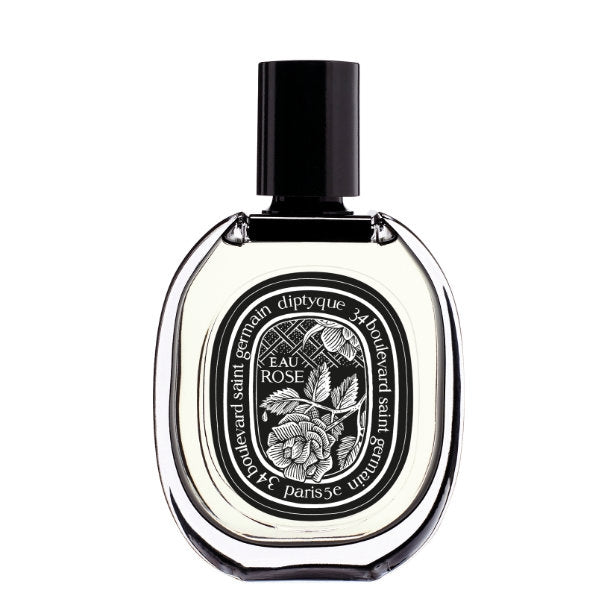 Diptyque - Eau Rose - Eau de Parfum Flakon mit schwarzem Verschluss und floraler Etikettzeichnung vor weißem Hintergrund