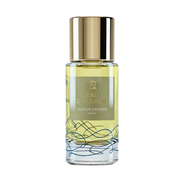 Parfum d'Empire - Eau de Gloire Flakon mit goldfarbenem Verschluss und eleganter blauer Ornamentik auf Glas