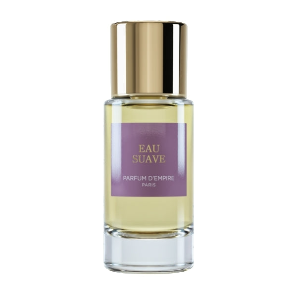 Parfum d'Empire - Eau Suave klarer Flakon mit goldenem Verschluss und violettem Etikett vor weißem Hintergrund