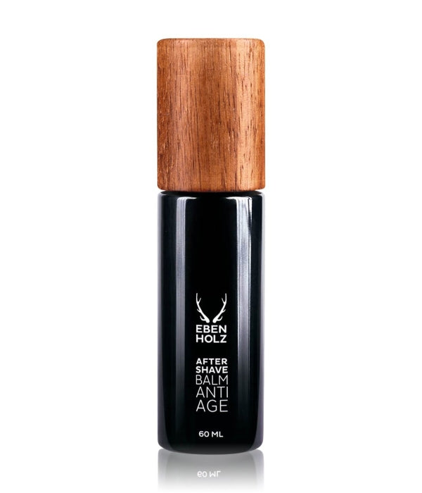 EBENHOLZ - After Shave Balm Anti Age in schwarzem Flakon mit naturholzfarbenem Verschluss vor weißem Hintergrund