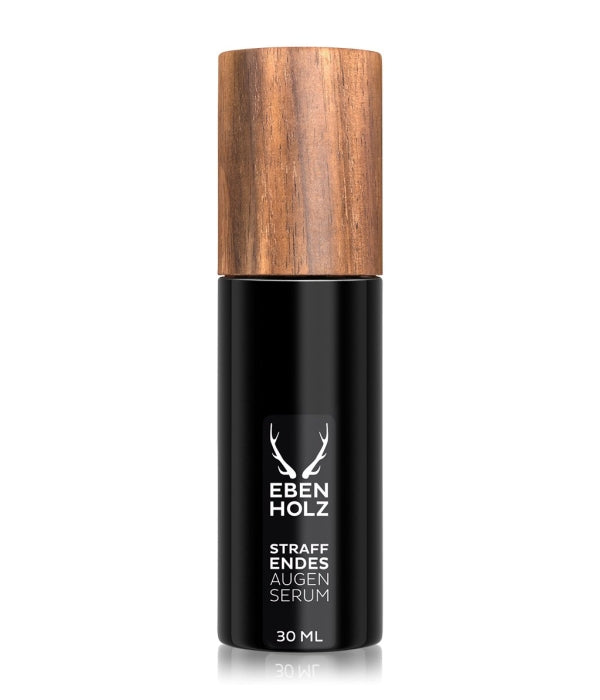 EBENHOLZ - Straffendes Augenserum in schwarzem Flakon mit naturholzfarbenem Verschluss vor weißem Hintergrund