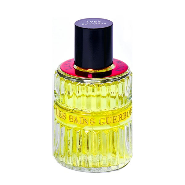 Les Bains Guerbois 1885 - 1986 Eclectique Parfumflakon mit gelbem Duft und strukturiertem Glas vor weißem Hintergrund