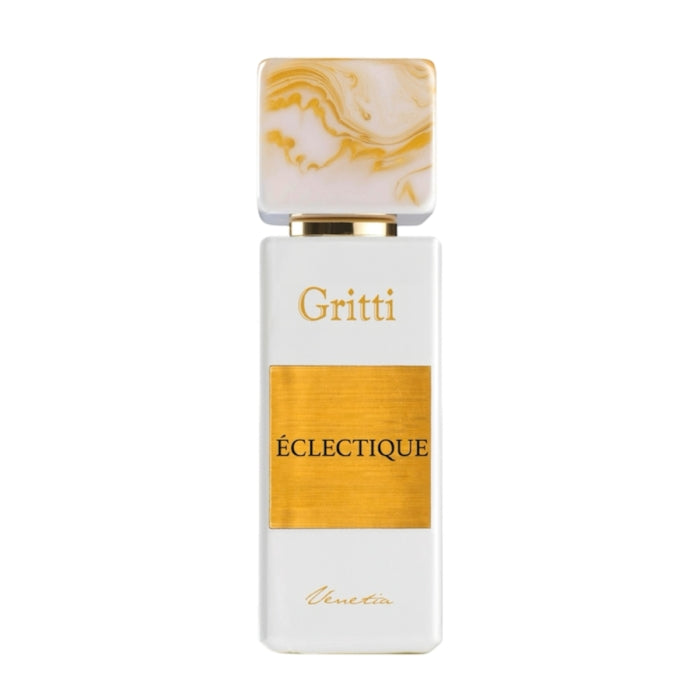 Gritti - White Collection - Eclectique zeigt eleganten weißen Flakon mit goldenem Etikett und marmoriertem Verschluss detailscharf fotografiert.
