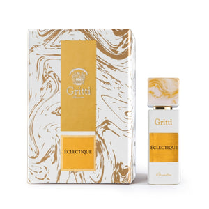 Gritti - White Collection - Eclectique zeigt weißen Flakon mit goldfarbenem Label und passender Verpackung im marmorierten Design