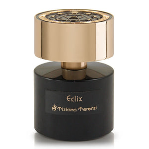 Tiziana Terenzi - Eclix Parfumflakon in elegantem Schwarz mit großem goldenen Deckel und verzierter Oberfläche vor weißem Hintergrund