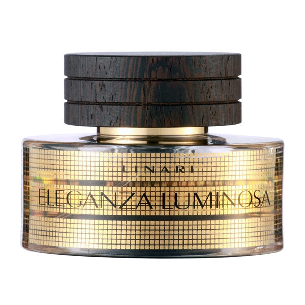 Linari - Eleganza Luminosa Diffuser mit goldenem Karomuster und dunklem Holzdeckel vor weißem Hintergrund