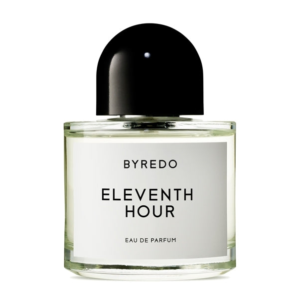 Byredo - Eleventh Hour klarer runder Flakon mit schwarzem runden Verschluss vor weißem Hintergrund