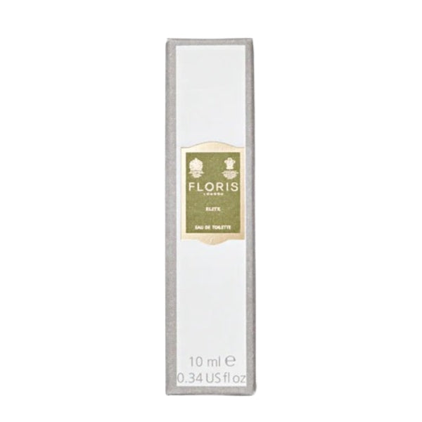 Floris - Elite elegante schlanke Verpackung in Weiß mit grünem Etikett und goldfarbenem Rahmen auf weißem Hintergrund