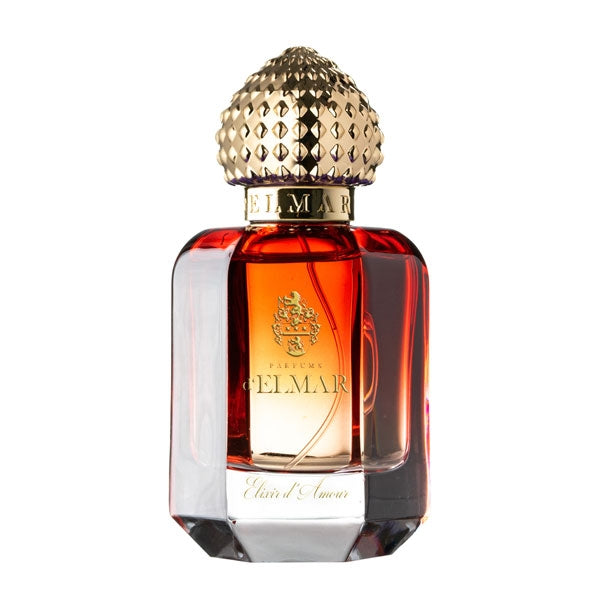 Parfums d'Elmar - Elixir d'Amour edler Flakon mit dunkelrotem Glas und goldfarbenem Verschluss vor weißem Hintergrund