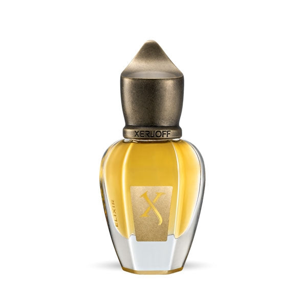 Xerjoff - K Collection - Elixir - Parfum Extrakt zeigt eleganten Flakon mit goldfarbenem Verschluss und bernsteinfarbener Flüssigkeit