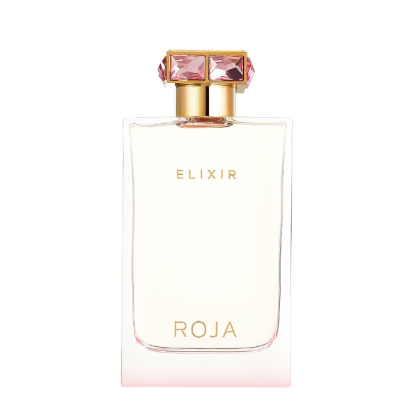 Roja Parfums - Elixir Eau de Parfum - Pour Femme klare Flasche mit goldfarbenem Verschluss und rosa Schmucksteinen vor weißem Hintergrund
