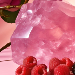 Roja Parfums - Elixir Eau de Parfum - Pour Femme mit rosafarbenem Kristall und frischen Himbeeren auf rosafarbenem Hintergrund