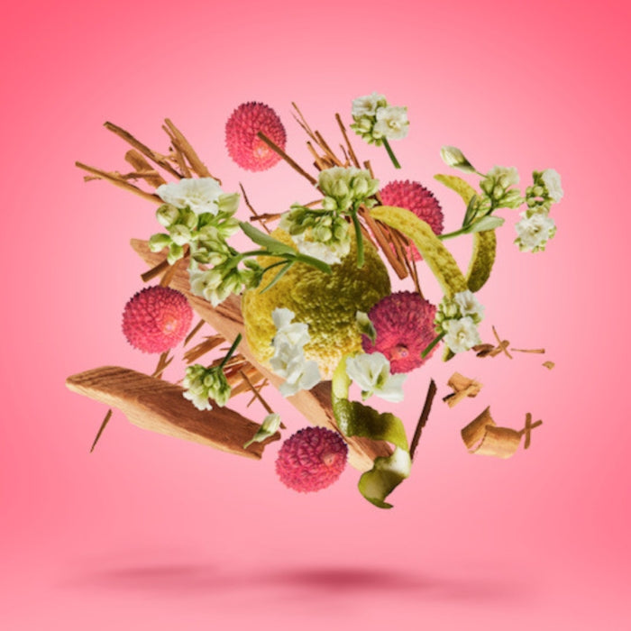 Xerjoff - XJ 17/17 - Stone Label - Elle Anniversary Komposition mit Holz und blumigen Akzenten vor rosa Hintergrund