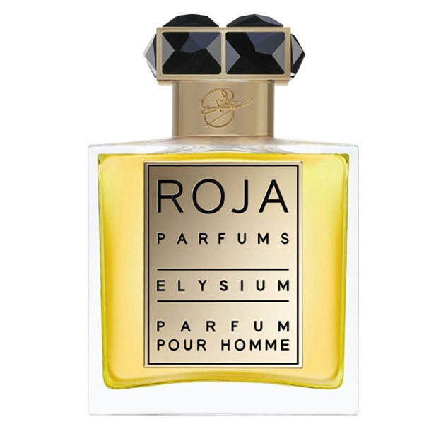 Roja Parfums - Elysium - Parfum Pour Homme klarer Flakon mit goldfarbenem Etikett und schwarzem, facettiertem Verschluss