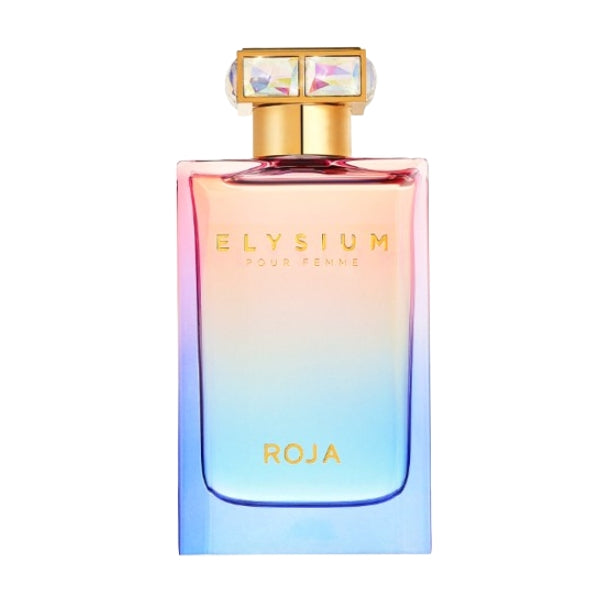 Roja Parfums - Elysium Eau de Parfum - Pour Femme Flakon mit Farbverlauf Blau-Rosa und goldfarbenem Verschluss vor weißem Hintergrund