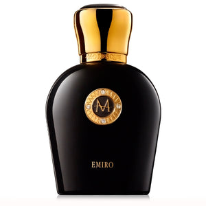 Moresque Parfum - Black Collection - Emiro schwarzer Flakon mit goldfarbenem Verschluss und Emblem vor weißem Hintergrund