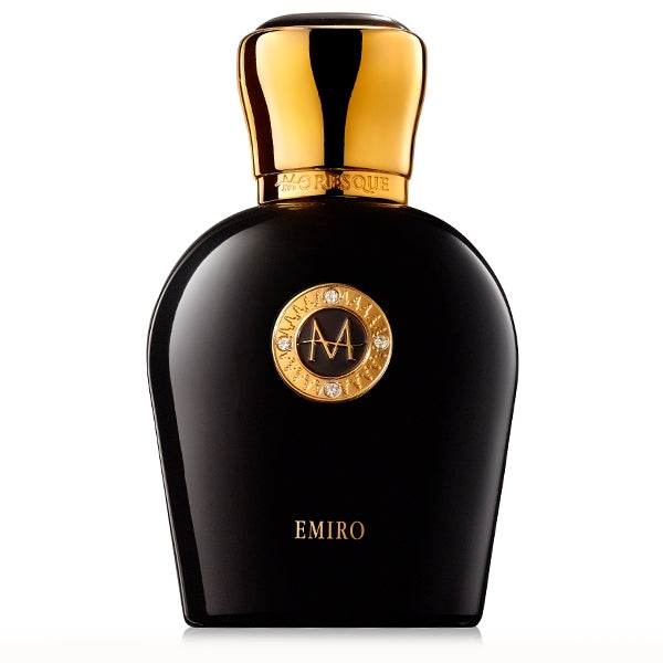 Moresque Parfum - Black Collection - Emiro schwarzer Flakon mit goldfarbenem Verschluss und Emblem vor weißem Hintergrund