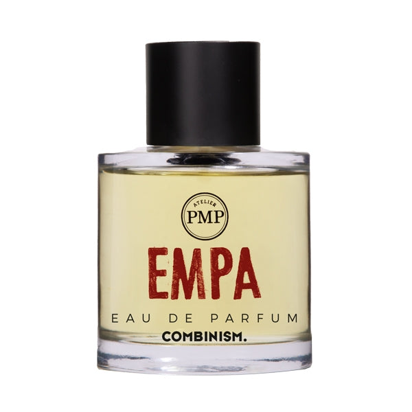 Atelier PMP - Combinism. - Empa klarer Flakon mit schwarzem Deckel und roter Schrift vor weißem Hintergrund