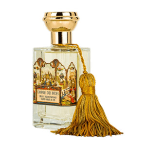 Oriza L. Legrand - Empire des Indes edler Flakon mit goldenem Verschluss und dekorativem Quastenanhänger vor weißem Hintergrund