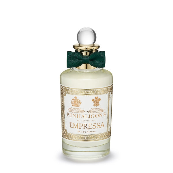 Penhaligon's - Trade Routes - Empressa Parfumflakon mit goldverziertem Etikett und dunkelgrüner Schleife vor weißem Hintergrund