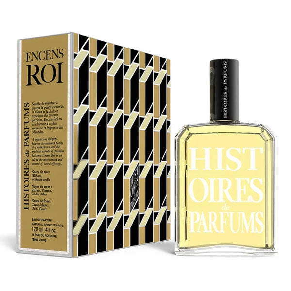 Histoires de Parfums - Encens Roi Parfümflakon mit gold-schwarzer geometrischer Verpackung vor weißem Hintergrund