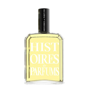 Histoires de Parfums - Encens Roi klarer Parfümflakon mit hellgelber Flüssigkeit und schwarzem Verschluss vor weißem Hintergrund