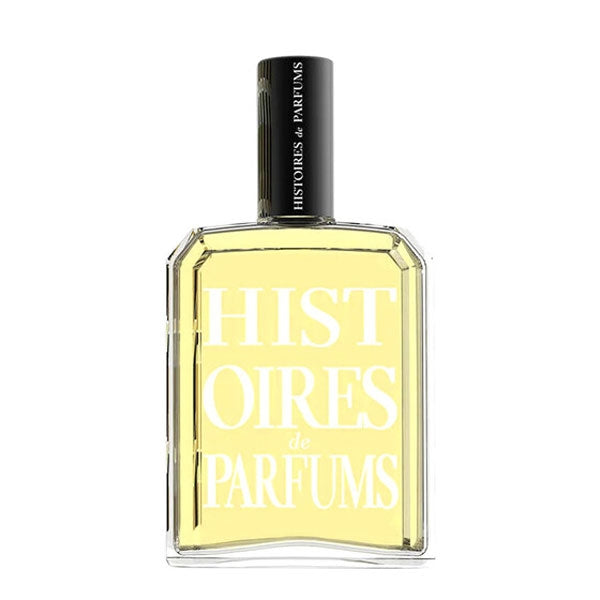 Histoires de Parfums - Encens Roi klarer Parfümflakon mit hellgelber Flüssigkeit und schwarzem Verschluss vor weißem Hintergrund