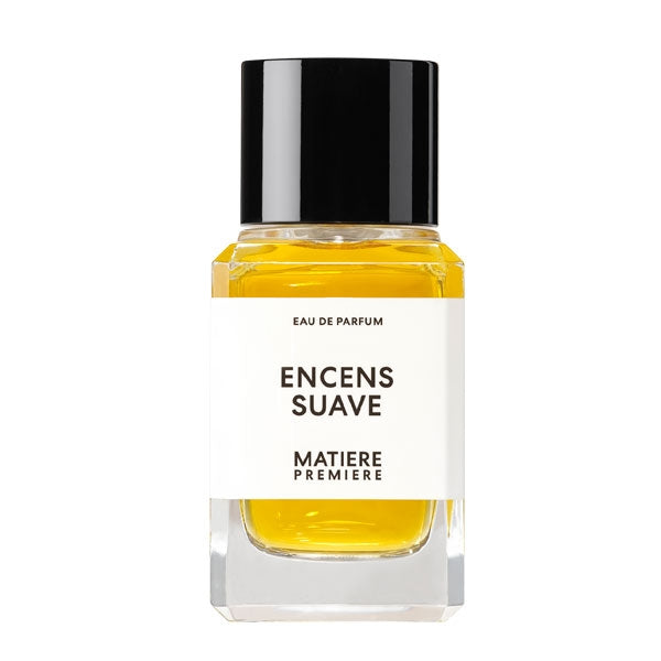Matière Première - Encens Suave zeigt rechteckigen Flakon mit schwarzem Verschluss und goldgelbem Duftöl vor weißem Hintergrund