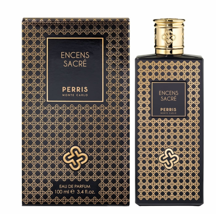 Perris Monte Carlo - Encens Sacré Parfümflakon in Schwarz mit goldenem filigranem Muster und edlem Verschlussdesign