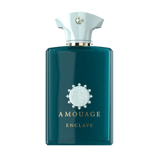 Amouage - Renaissance Collection - Enclave kraftvoller türkisblauer Flakon mit weißem Verschluss vor weißem Hintergrund