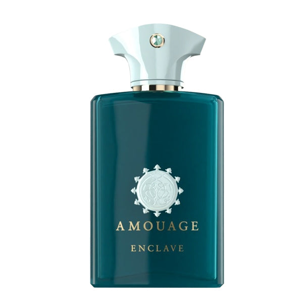 Amouage - Renaissance Collection - Enclave kraftvoller türkisblauer Flakon mit weißem Verschluss vor weißem Hintergrund