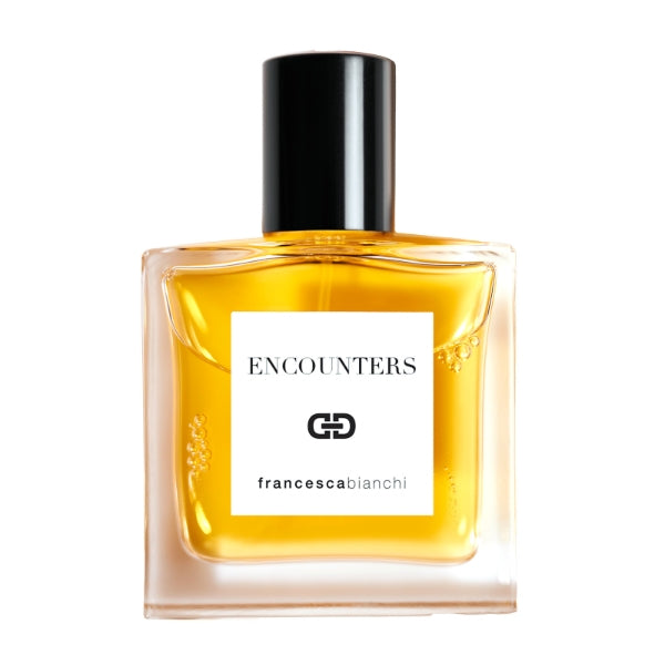 Francesca Bianchi - Encounters Parfumflakon mit klarem Glas und schwarzem Verschluss vor weißem Hintergrund