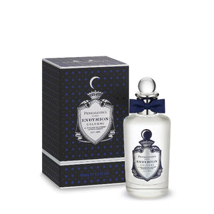 Penhaligon's - British Tales - Endymion Flakon mit dunkelblauer Schleife und passender Verpackung mit Mondsymbol vor weißem Hintergrund