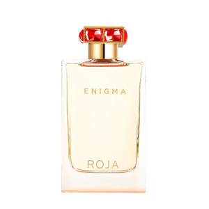 Roja Parfums - Enigma Eau de Parfum - Pour Femme klare Flasche mit goldenem Verschluss und roten Details vor weißem Hintergrund