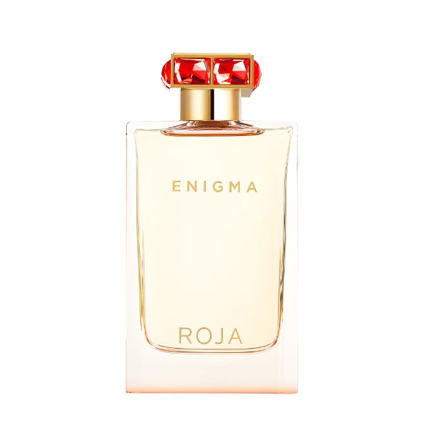 Roja Parfums - Enigma Eau de Parfum - Pour Femme klare Flasche mit goldenem Verschluss und roten Details vor weißem Hintergrund