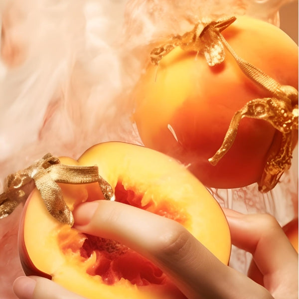Roja Parfums - Enigma Eau de Parfum - Pour Femme mit vernebelten Pfirsichen und goldenen Blüten detalliert vor hellem Hintergrund