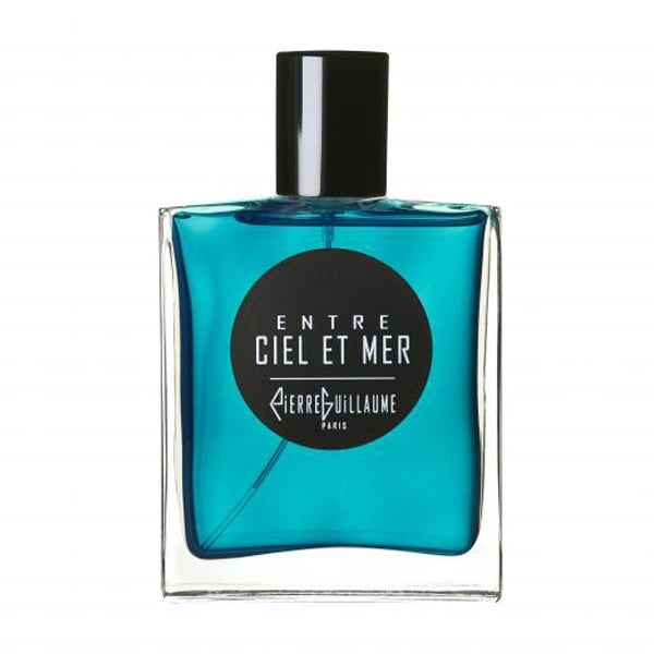Pierre Guillaume - Cruise Collection - Entre Ciel et Mer blauer Parfümflakon mit schwarzem Verschluss vor weißem Hintergrund