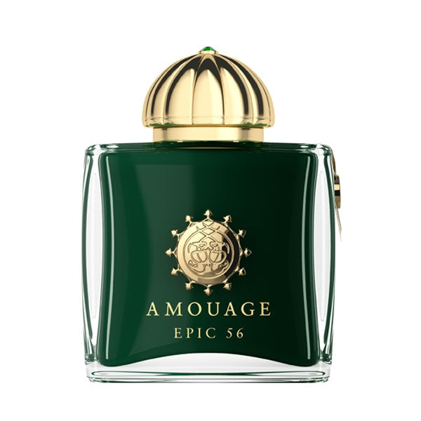 Amouage - Epic 56 Woman Parfumflakon mit tiefgrünem Glas und goldenem Deckel vor weißem Hintergrund