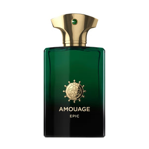 Amouage - Epic Man Parfumflakon in tiefgrün mit goldfarbenem Verschluss und elegantem Logo vor weißem Hintergrund