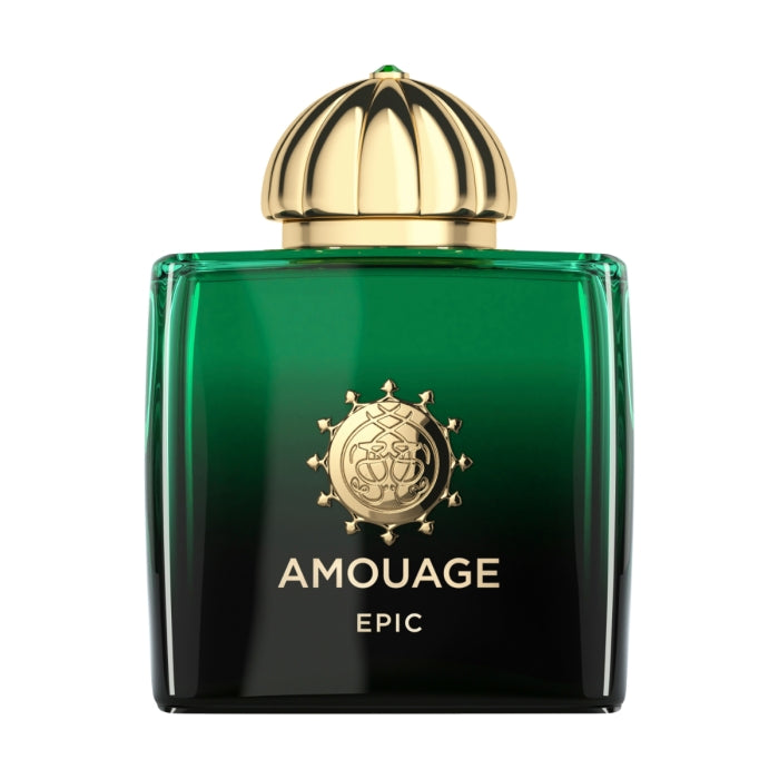 Amouage - Epic Woman eleganter Flakon in sattem Grün mit goldfarbenem Deckel und prägnantem Logo vor weißem Hintergrund