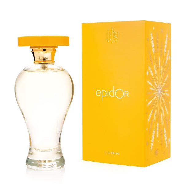 Lubin - Epidor Parfumflakon mit klarem Glas und gelbem Deckel neben auffälliger gelber Verpackung mit Weizenmotiv