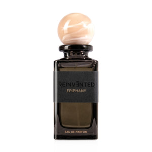 Reinvented Parfums - Epiphany eleganter dunkler Flakon mit rundem beige-marmoriertem Verschluss und schwarzem Etikett