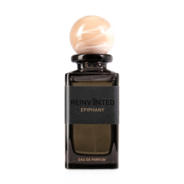 Reinvented Parfums - Epiphany eleganter dunkler Flakon mit rundem beige-marmoriertem Verschluss und schwarzem Etikett