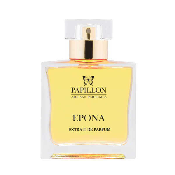 Papillon Perfumery - Epona klarer Flakon mit goldfarbenem Verschluss und bernsteinfarbenem Parfüm, schlicht vor weißem Hintergrund