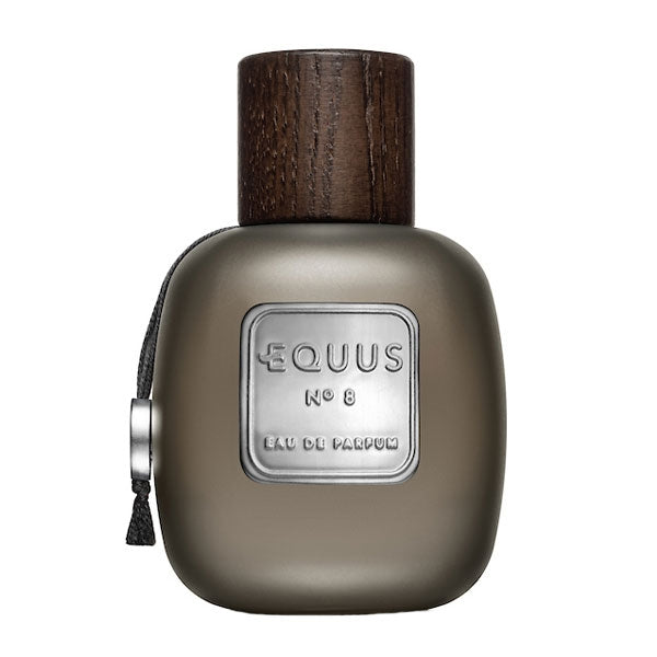 YeYe Parfums - Equus No 8 Parfumflakon mit mattem, graubraunem Finish und dunklem Holzverschluss vor weißem Hintergrund
