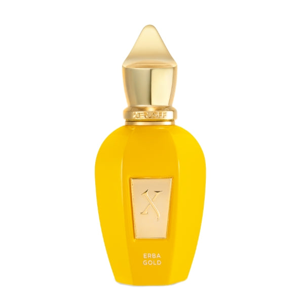 Xerjoff - Vibe - Erba Gold zeigt eleganten gelben Flakon mit goldfarbenem Verschluss auf weißem Hintergrund